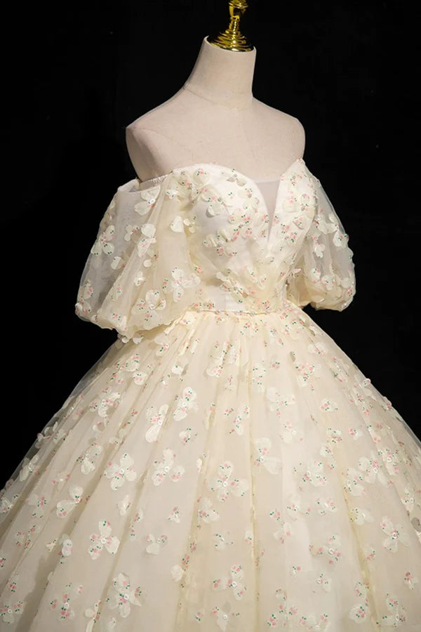 Wholesale Elegant A-Line Tulle Floor Length Prom Dress Champagne Off the Shoulder Evening Party Dress